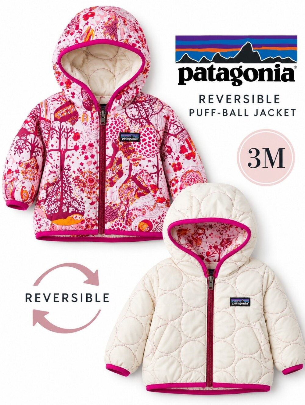 Patagonia Baby Reversible Puff-Ball Jacket Pink Woodland Hooded 3M
